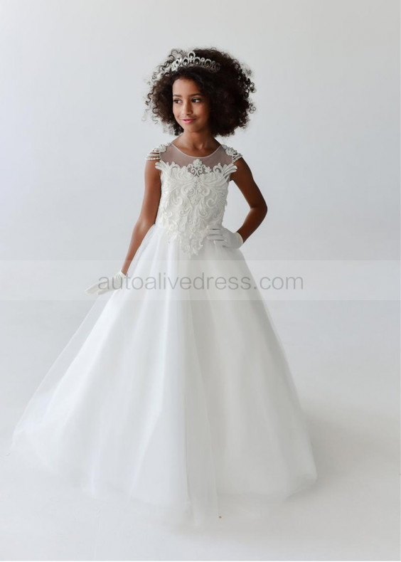 Cap Sleeves Beaded Ivory Lace Tulle Illusion Pearl Buttons Back Flower Girl Dress